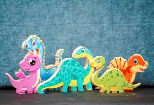 Image of Handcrafted Wooden Colourful Dinosaur Toys | Realistic Miniature Animal Figures | Educational Dino Pretend Play Animal Toys for Kids aged 2 years and over | Multicolour Figures - Set of 5