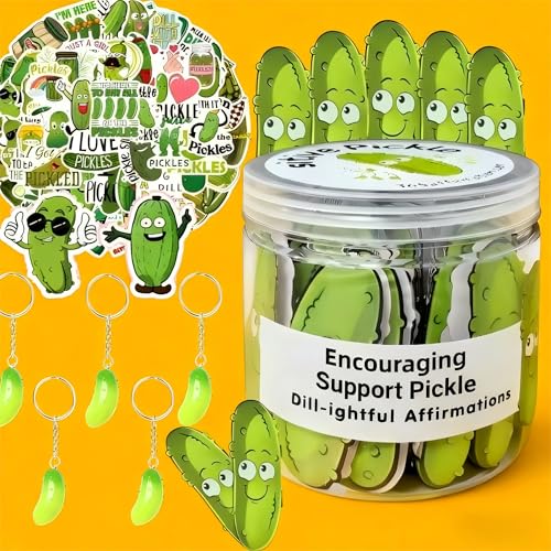 WPTHQPAS Positive Affirmation Pickle Jar – 100 Pcs Emotional True Support Pickle Gifts for Women & Teens (45 Cards, 50 Stickers, 5 Keychains) Encouragement Gift Set for Back-to-School, Teachers