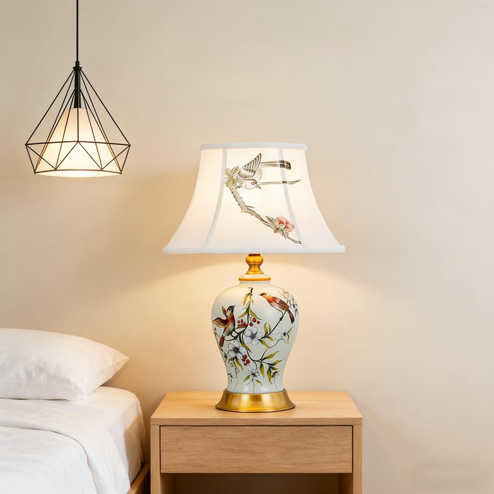 Lámpara de mesa de Cerámica Dormitorio Dormitorio lámpara Moderna estilo americano europeo E27 Lámpara de Noche Dormitorio Lámpara de Escritorio pájaro flor Lámpara De Cabecer salón Estudio (Blanco)