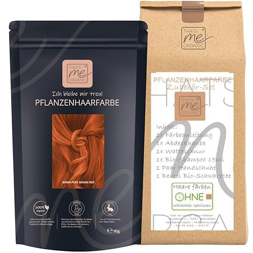Thats me Organic® Profi Pflanzenhaarfarbe + Zubehörset (warm pure henna red) – Bio Haarfarbe ohne Chemie – Haarfarbe für gesundes Haarefärben auch während Schwangerschaft und Stillzeit