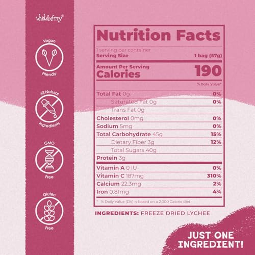 Wholeberry Freeze Dried Lychee 2oz Freeze Dried Fruit Snack Perfect for Smoothies, Baking, Yogurt & Tea - 100% Natural Ripe Fruit from Thailand, No Sugar Added - Pack of 2