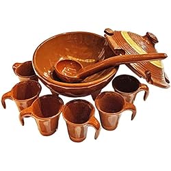 Cazuelas Para Queimadas Acan Tradineur - Mini Juego de queimada de Barro con Tapa 6 Tazas y cucharón, artesanía gallega Tradicional, Fabricado a Mano, marrón, Ideal para Celebraciones