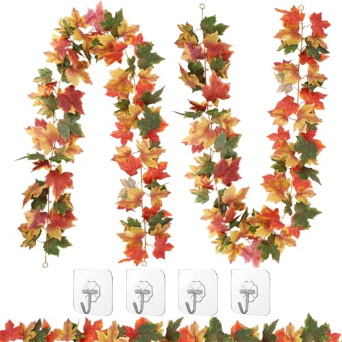 RXKFIGX 2 Pack Fall Leaf Garland Autumn Foliage Mantel & Table - Autumn Thanksgiving Fall Decor 1.78m/Piece Easy Hanging Artificial Maple Leaf Garland for House Doorway Fireplace Autumn Decoration