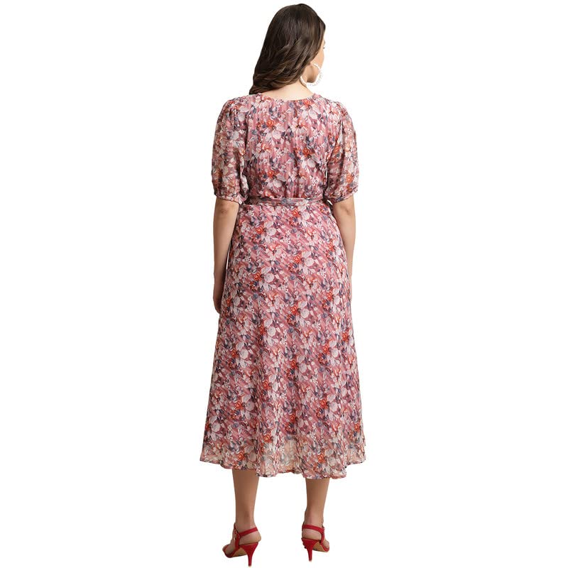 Preneum Women Fit & Flare Latest Style Print Georgette Regular Sleeves Casual Summer Maxi Dress | Festival & Occasion, Peach, S