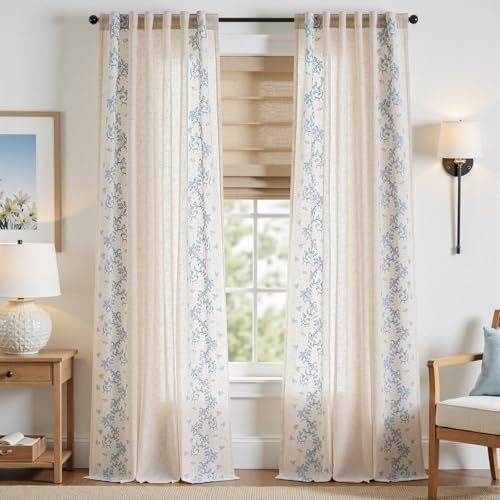 Image of jinchan Floral Linen Curtains, Back Tab 50x96 Inch, 2 Panels Blue