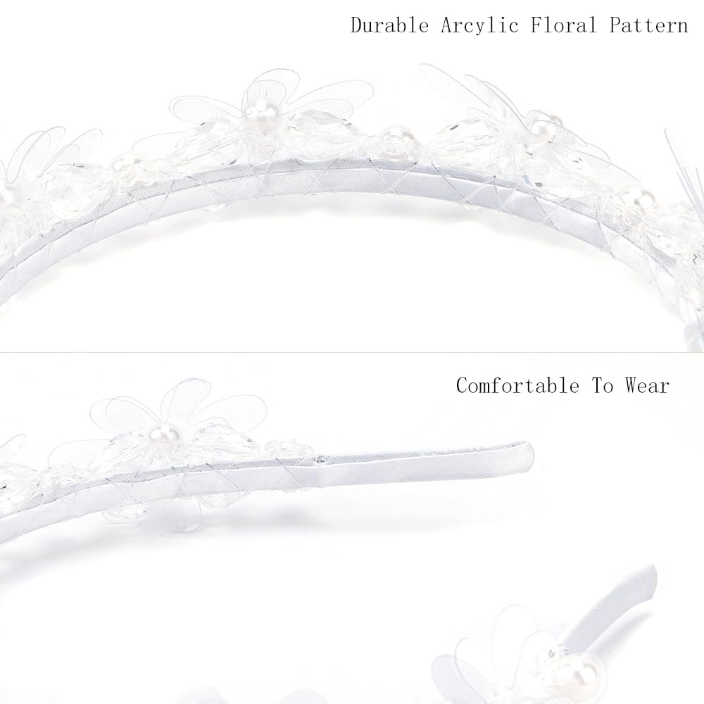 AHONEY Headband, White Flower Headpiece for Women and Girls, Elegant Dressy Hair Band with Pearl, Acrylic, Crystal Beads, Resin - Daily, Party, Wedding, Dating, Concert, Photoshoot Hair Accessories - Image 6