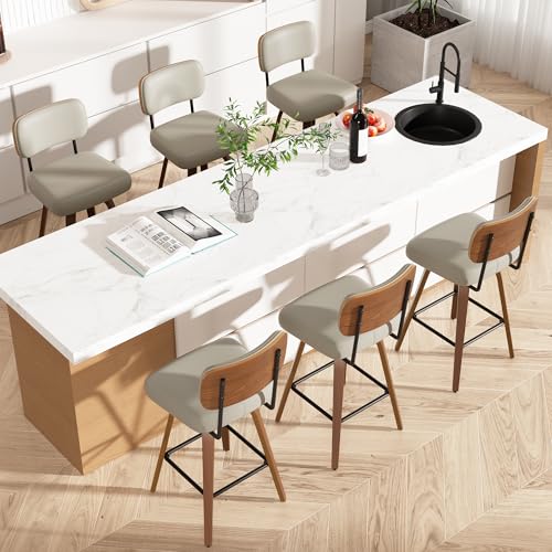 Image of Swivel Bar Stools Set of 6, 26 inch Upholstered Faux Leather Counter Height Barstools with Walnut Back & Bentwood Legs, Mid Century Modern Bar Chairs Island Stools for Kitchen Counter, Beige Grey