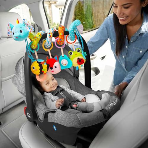 Image of Sensory Hanging Stroller Toys, Car Seat Toys for Babies Infants 0-6 Months | Activity Spiral Plush Hanging Toy Gift for Baby Boys and Girls 0 3 6 12 Months Newborn Toys with Rattles Squeaker Music -Blue