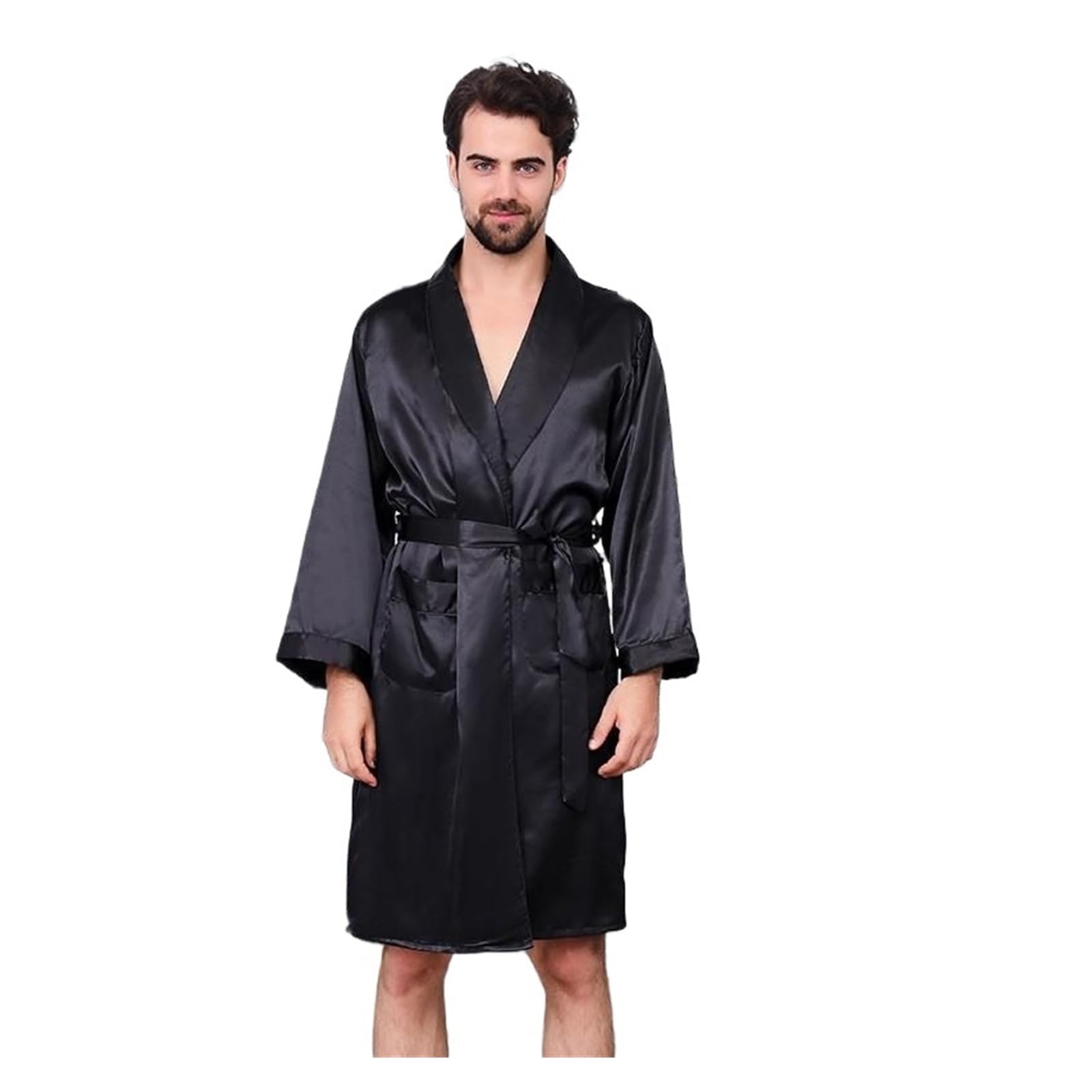 QWWQYDY Satin Robe Men 3XL 4XL 5XL Robe Men Summer Single Nightgown Satin Bathrobe Kimono Gown Long Sleeve Home Dressing Gown(Black 2,5XL)