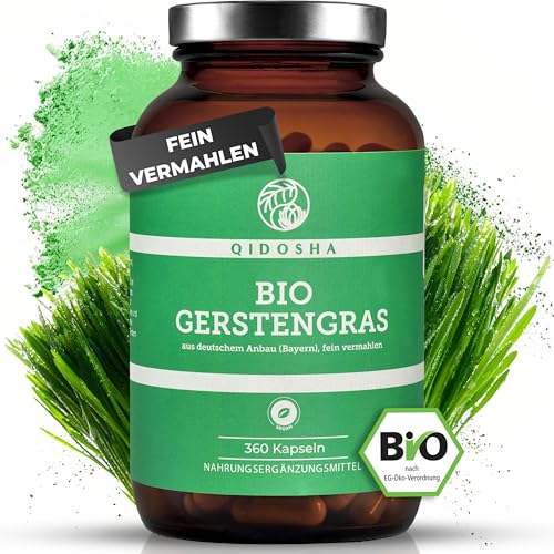 QIDOSHA® Bio Gerstengras Kapseln, 360 Stk im Apothekerglas, 1500mg je Tagesportion, Bio Gerstengraspulver fein gemahlen mit 500mg je Kapsel, vegan, deutsche Fertigung QIDOSHA® Bio Gerstengras Kapseln, 360 Stk im Apothekerglas, 1500mg je Tagesportion, Bio Gerstengraspulver fein gemahlen mit 500mg je Kapsel, vegan, deutsche Fertigung