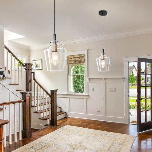 Image of Glass Pendant Lighting for Kitchen Island 2 Pack Black Gold Clear 8 Inch | Adjustable cord Dimmable, E26 bulbs, Rust-resistant Damp Rated For Bathrooms, 5-Year Manufacturer Warranty, UL Certification
