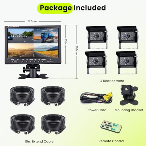 Podofo Vans RV Rückfahrkamera Set, 9 Zoll Monitor 4 Kameras, 4-Geteiltes Display 4-Kanal Video,...
