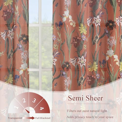 Image of Schweek Boho Curtains 84 Inches Length 2 Panels for Living Room Terracotta | Linen Farmhouse Curtains,Printed Floral Vintage Botanical Burnt Orange Semi Sheer Drapes for Dining Room, Bedroom 52 inchx84 inch