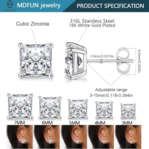 MDFUN 5 Pairs 316L Stainless Steel Earrings Set 3-7MM Hypoallergenic Princess Cut Cubic Zirconia Square Stud Earring Jewelry for Women and Men4