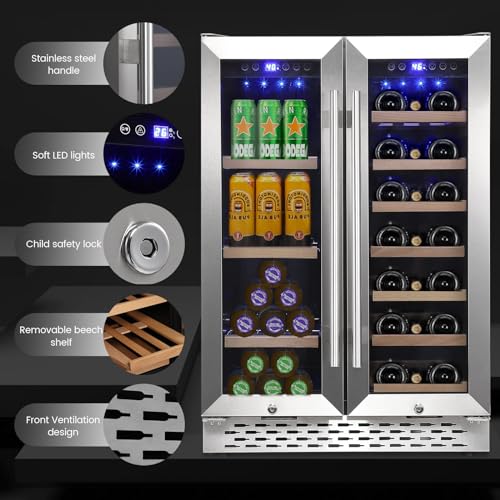 55 Cans, 20 Bottles Wine Fridge, Dual Zone Wine and Beverage Refrigerator ,Quiet Compressor, Blue LED, 24 Inch Under Counter Fridge for Home Entertaining