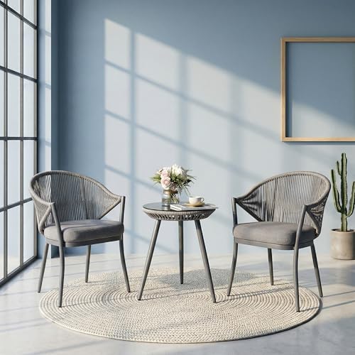 Image of BRISHI Garden Patio Seating Chair and Table Set Outdoor Balcony Garden Coffee Table Set Furniture with 1 Table and 2 Chairs Set with Cushion Braid & Rope (Gray)