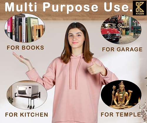 Image of KYZEN Deluxe Wall Mount Microwave Oven Stand with Pot Rack, 5 Hooks & Storage Container | Heavy-Duty Shelf for Microwave, OTG, Air Fryer, Grinder & Kitchen Organization (Wooden) Appliances WM Delux W