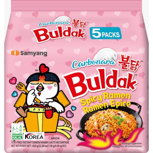 Samyang Buldak Carbonara Instant Noodles 130g (Pack of 5) Korean Spicy Creamy Carbonara Ramen (Pink Pack) | Hot Chicken Flavour Noodles | Perfect for Spice Lovers | Popular Korean Favorite