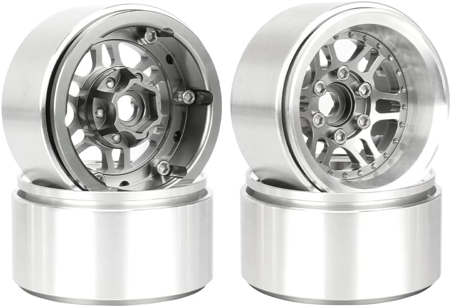4PCS 1.9" Beadlock Wheel Rims Offset-10mm Aluminum Alloy Metal Wheel Hub for 1/10 RC Rock Crawler Car for Axial SCX10 TRX4 TRX6 D90 D110 Upgrade Accessories (Grey)