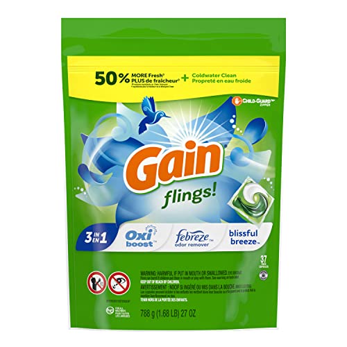 Image of Gain flings! Liquid Laundry Detergent Soap Pacs, HE Compatible, 3 Bag Value Pack, 111 Count, Long Lasting Scent, Blissful Breeze Scent