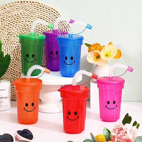 Mumufy Kids 12 oz Neon Cups Bulk Laugh Face Neon Colorful Plastic Cups Reusable Summer Birthday Supplies Kids End of the Year Present for Students(24 Pcs) by Mumufy - Image 3