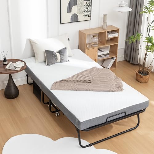 Folding Bed with Mattress, 75\" x 38\" Twin Size Portable Foldable Bed for Guest, Rollaway Bed for Adults with Memory Foam Mattress and Metal Frame, Space Saving Fold Up Bed for Easy Storage
