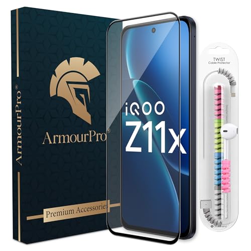 Image of ArmourPro Military-Grade Tempered Glass for iQOO Z11x / Vivo T5x - 9H Anti Scratch, Edge-to-Edge Coverage, HD Clarity, Smooth Touch, Case Friendly, Easy Installation Kit with Cable Protector