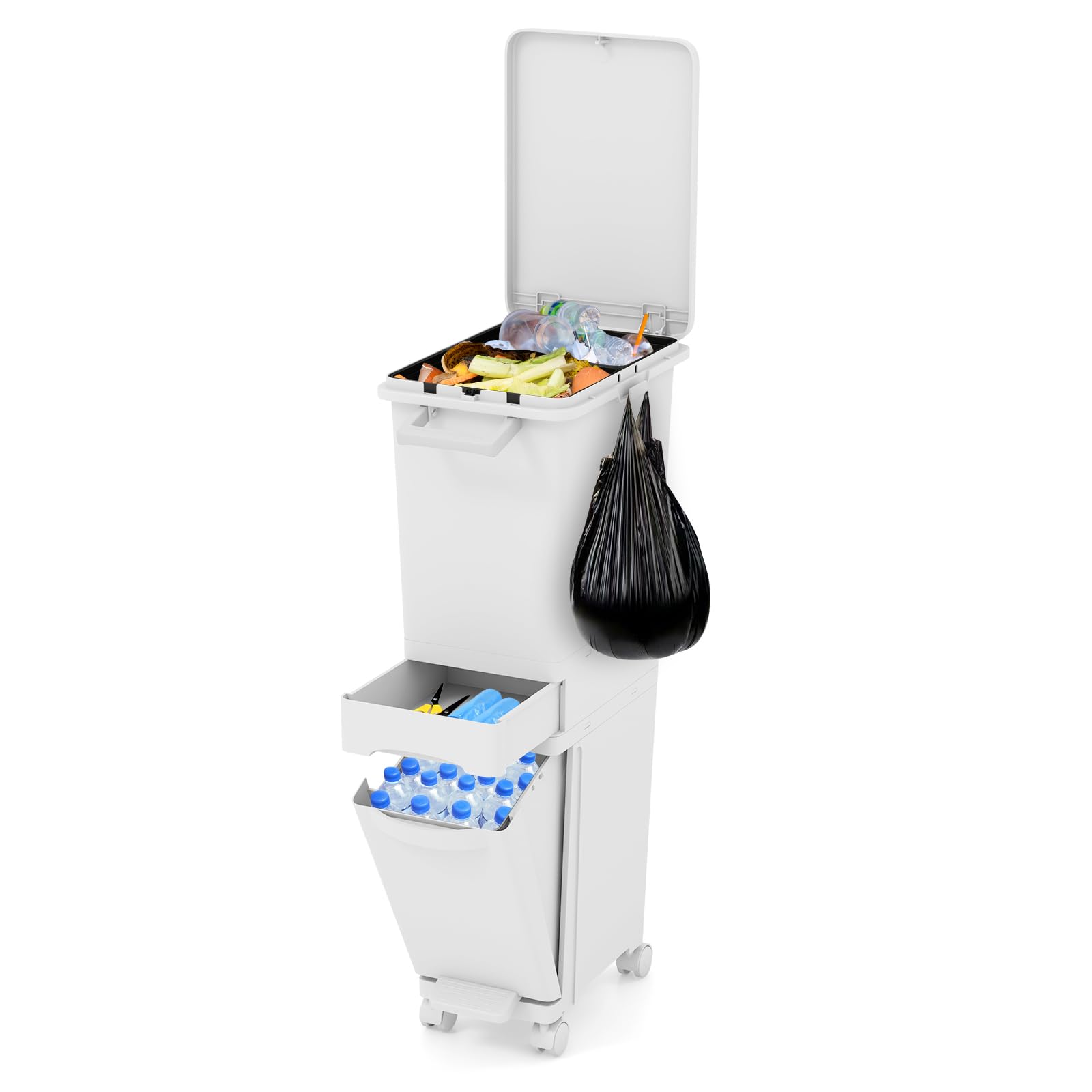 COSTWAY 3 in 1 Pattumiera 32L, Cestino per Rifiuti con 2 Cassetti 2 Scomparti Superiori e Adesivi, Pattumiera in Plastica a Pedale per Cucina Sala da Pranzo Soggiorno, 40x26x84 cm (Bianco)