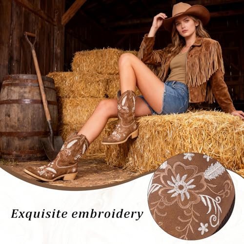 Image of LingxiaUne Cowboy Boots for Women Floral Cowgirl Boots with Pointed Toe and Chunky Heel Mid Calf Western Boot for Concert Festival Country Night Party