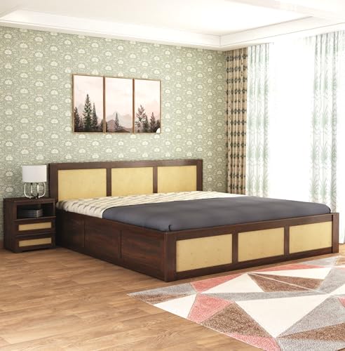 Image of Sheesham Wood King Size Cane Bed with Box Storage and Headboard | Wooden Double Bed Cot Palang Furniture for Bedroom, Living Room, Guest Room, Hotel and Home (Walnut Finish-1 Year Warranty)