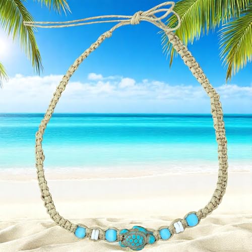 BlueRica Hemp Choker Necklace with Blue Cat's Eye, Puka Shell Beads & Turquoise Sea Turtle3