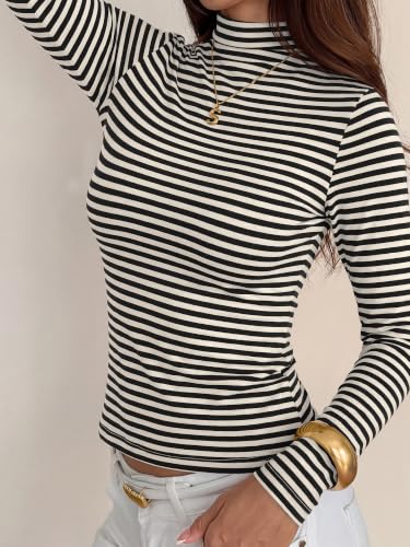 BTFBM Long Sleeve Shirts for Women Turtleneck Striped Shirt,XL,Black - image 3