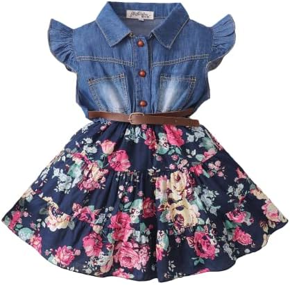 Bellbell Kids Baby Girls Summer Dress Flare Sleeves Buttons Denim Splicing Floral Skirt Dress with Belt (5-6 Years, Blue)