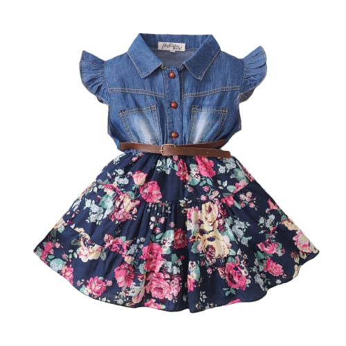 Bellbell Kids Baby Girls Summer Dress Flare Sleeves Buttons Denim Splicing Floral Skirt Dress With Belt (5-6 Years, Blue) #TOP13
