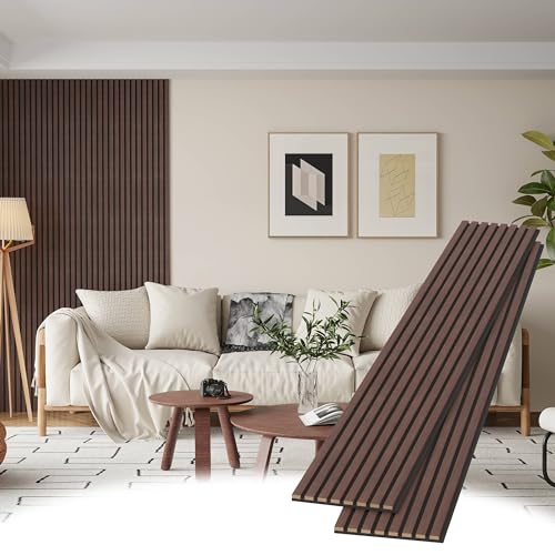 POHARE Wood Slat Wall Panels, 2 Pack Accent Decorative Acoustic Wood Slats for Wall and Ceilings, Acoustic Panels for Interior Wall Décor on Felt Back Board, Walnut, 8 x 1 ft