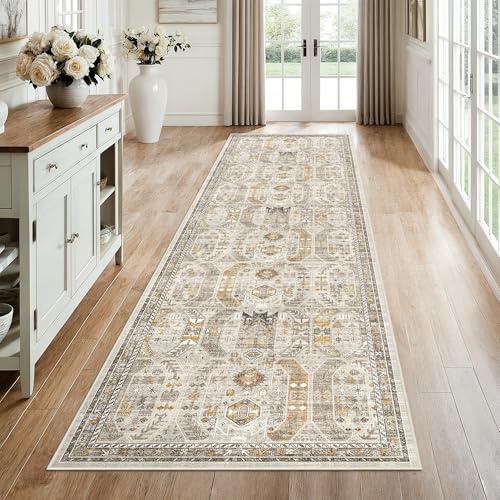 Madane 3x12 Hallway Runner Rug - Non Slip Washable 12ft Runner for Hallways Soft Vintage Kitchen Rugs Low-Pile Carpet Runner for Entryway Bathroom Thin Floor Mat for Bedroom Dining Room, Brown/Gold