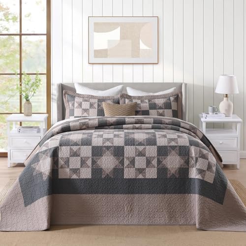Image of EWlinens 100% Cotton 120 inchx120 inch Oversized King Bedspread - Rustic Cabin Star Patchwork Plaid Extra Large Quilts Bedding Set, Farmhouse Oversized King Quilt Bed Spread, 3 Pieces, Brown /Charcoal Gray