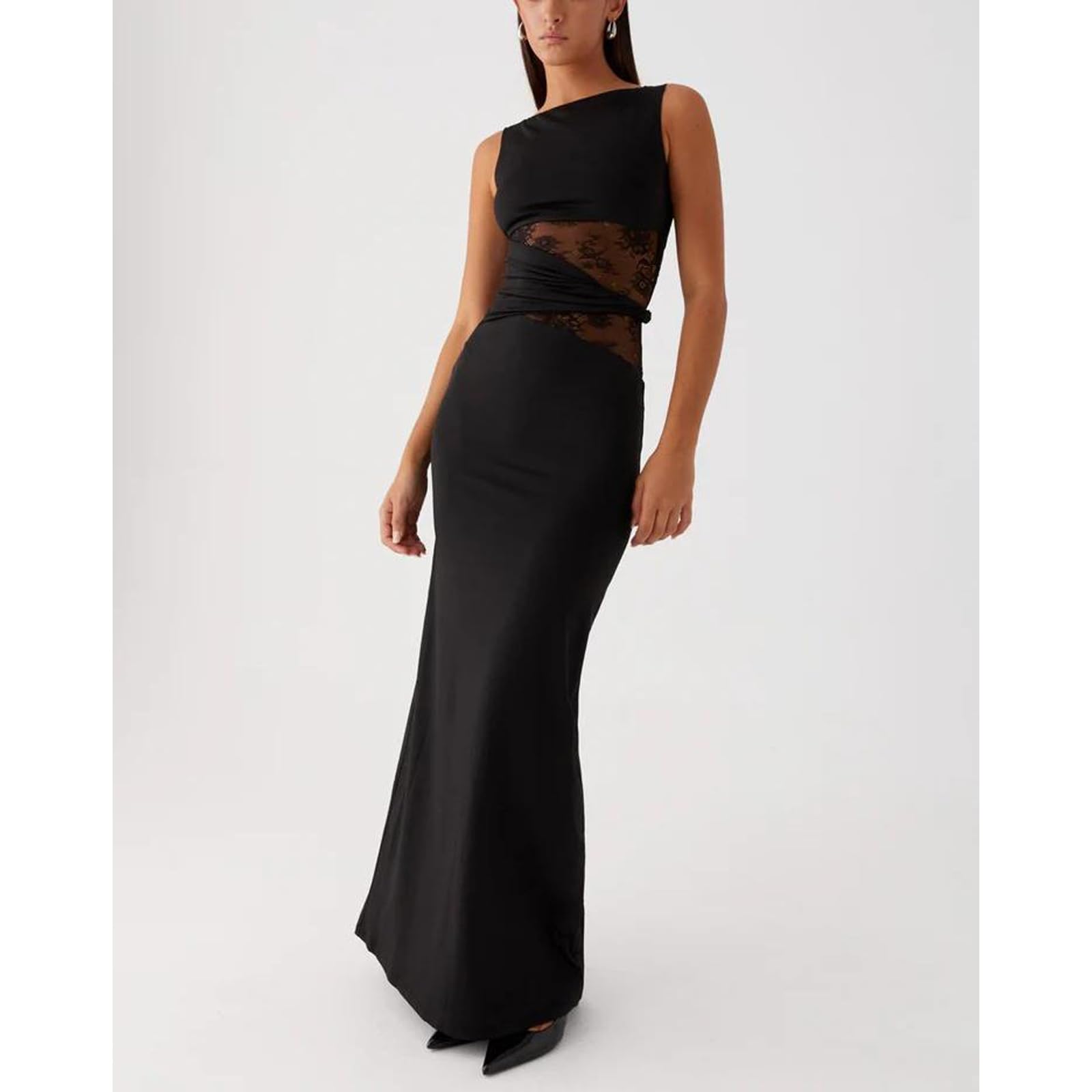 Robe Femme Sexy sans Manches Robes Longue Moulante à Col Rond Maxi Robe Transparente Dentelle Patchwork Robes de Cocktail Chic et Elégant Bodycon pour Clubbing Prom Fête Mariage Invité