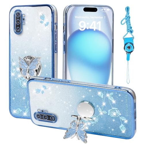 RTYQXK for Samsung Galaxy Note 10 Plus Phone Case,for Mobile Phone Case for Women and Girl, Glitter Butterfly Floral TPU Protective Cover with Kickstand+Strap for Samsung Note 10+ Plus (Blue)