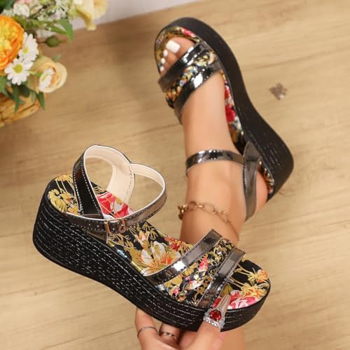 Womens Wedges Floral Print Sandals Summer Platform Bridal Evening Shoes 2.7 Inch Heel Hook and Loop Closure4