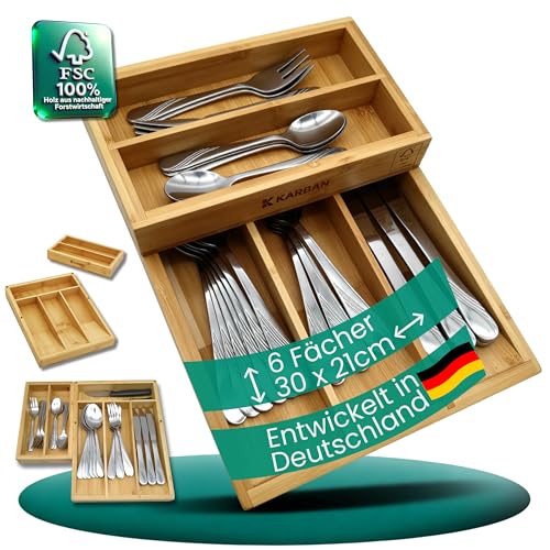 KARBAN 2-teiliger Bambus Besteckkasten klein & schmal, platzsparender Besteckeinsatz für schmale Schubladen 20-40cm, FSC Holz, stapelbarer Organizer für bis zu 8 Bestecksets (30×21×6,8 cm)