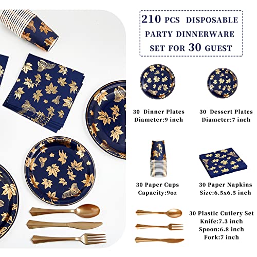 210Pcs Disposable Party Dinnerware Set- 30 Guest | 30 Dinner Paper Plates- 30 Dessert Paper Plates- 30 Plastic Silverware Set- 30 9Oz Paper Cups- 30 Napkins, Blue Plate Maple Leaf Design #TOP1