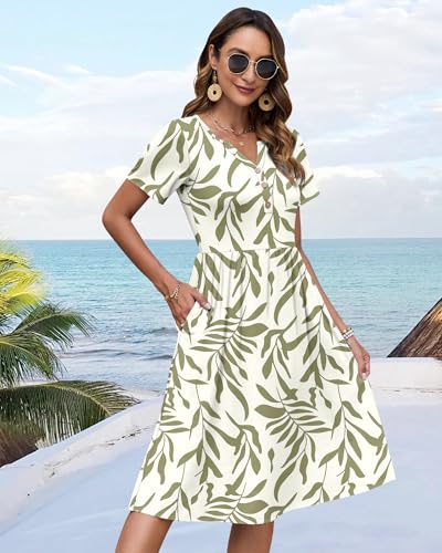 Image of WNEEDU Women V Neck Button Down Empire Waist Midi Summer Dress with Pockets