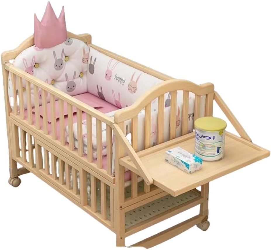 Baby Crib, Playpen, Side Sleep, Multifunctional, Wooden, High Type, 3 Levels of Height Adjustment, Mosquito Net, Storage Shelf Included, Casters, Converts into a Rocking Basket, Easy to Assemble Bed + 5 Piece Set D, 41.3 x 23.6 inches 105 x 60 cm