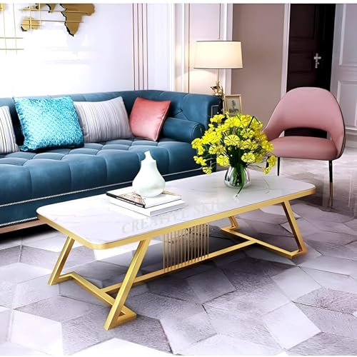 Image of Marble-Look Rectangular Coffee Table with Engineered Wood Top & Heavy-Duty Metal Frame Premium Center Table for Living Room & Office Easy DIY Assembly (90 x 45 x 45 cm) (White Gold)