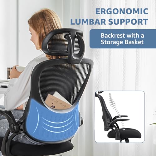 Image of DUMOS Ergonomic Office Chair - High Back Mesh Computer Chair with Lumbar Support, Headrest, Flip-up Arms, and Swivel Wheels - Comfortable Gaming & Desk Chair for Home Bedroom Office,Black
