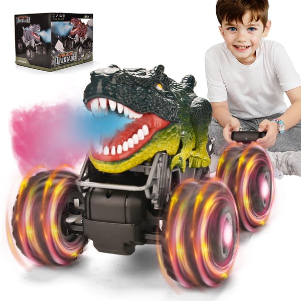 Hodlvant Monster truck teledirigido coche a partir de 3, 4, 5, 6, 7 años, dinosaurio, juguete teledirigido, juguete de dinosaurio, música, luces LED, cumpleaños para niños (verde)