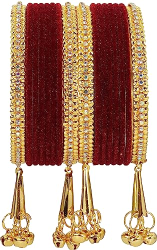 Image of NMII Metal with Zircon Gemstone and Velvet Studded Bells Latkan Bangles Set For Girls and Women I Latkan Bangles, Premium Bangle Bracelet Set I Pack of 16 Bangles