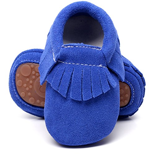 HONGTEYA Leather Baby Moccasins Hard Soled Tassel Crib Toddler Shoes for Boys and Girls (6-12 Months/4.72inch, Suede Blue)