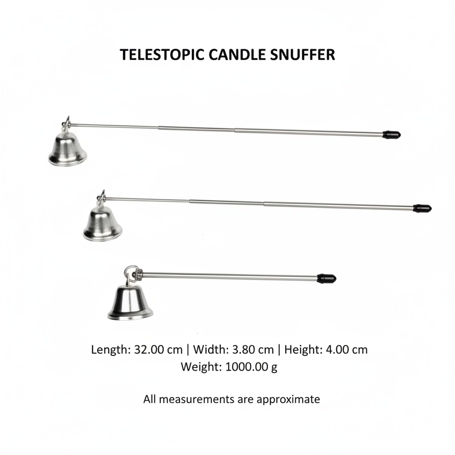 Spegnitoio telescopico per candele, design in metallo con campana girevole, portata regolabile per colonne alte e barattoli profondi, perfetto per la cura e la sicurezza delle candele